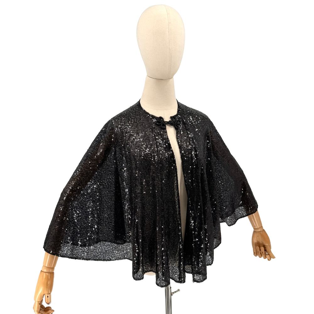 Black Sheer Sequin Evening Capelet Cloak With Frog Closure